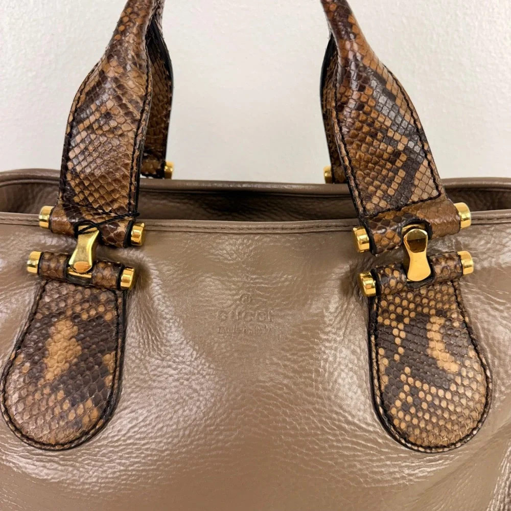 Gucci Satchel Hand Bag Taupe Brown Leather Snakeskin Trim Gold Hardware M Office